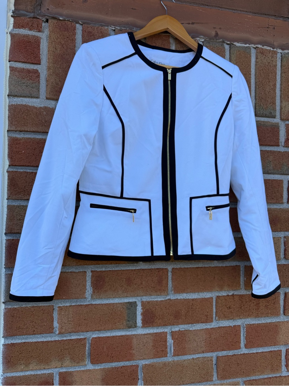 Calvin Klein White Jacket with Black Trim and Gold Zippers